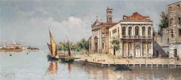 Settlements On The Venetian Lagoon Oil Painting - Antonio Maria de Reyna Manescau