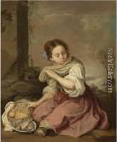 A Young Girl Seated In A Landscape, Holding A Basket Of Fruit And A Plate Of Fish Oil Painting - Bartolome Esteban Murillo