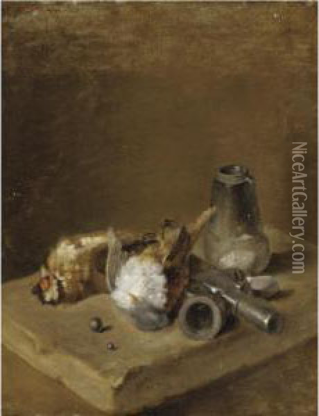 A Still Life With Two Songbirds Together With A Shot-making Set On A Ledge Oil Painting - Jean-Baptiste-Simeon Chardin