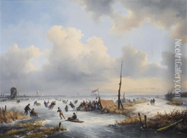 A Winter Landscape With Figures Skating Near A Koek-and-zopie Oil Painting - Lodewijk Johannes Kleijn