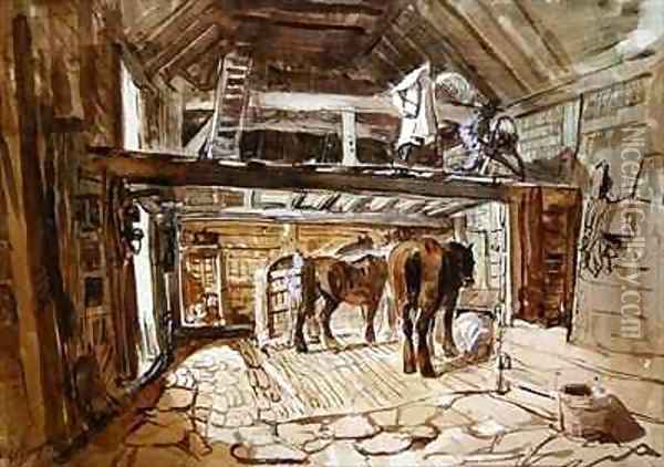 Interior of a Stable, with Two Horses Feeding Oil Painting - William Burgess