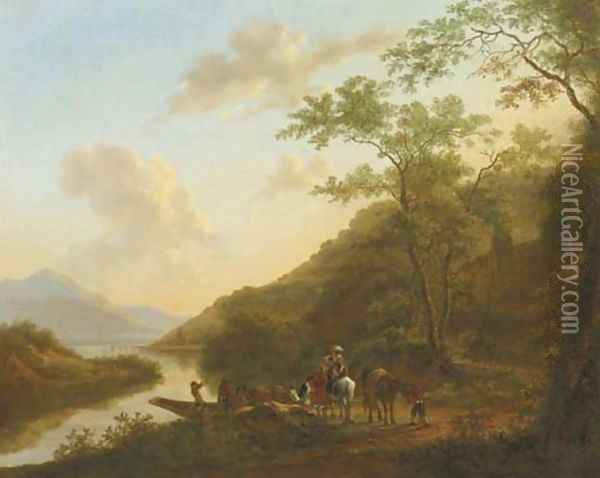 An Italianate river landscape with travellers by a ferry Oil Painting - Jan Dirksz. Both