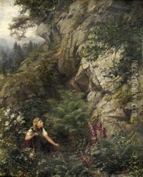 Blondes Madchen In Romantischer Gebirgslandschaft Eine Elster Beobachtend Oil Painting - Marie Oesterley