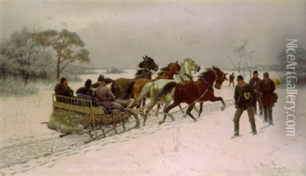 Pferdeschlitten In Verschneiter, Polnischer Landschaft Oil Painting - Waldemar Los
