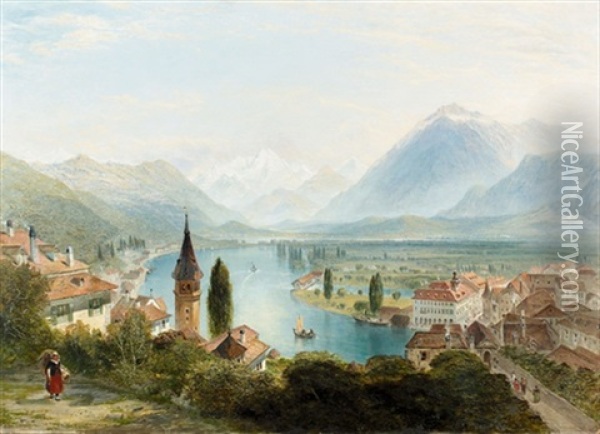 The River At Thun With The Bernese Alps In The Distance Oil Painting - Charles Marshall