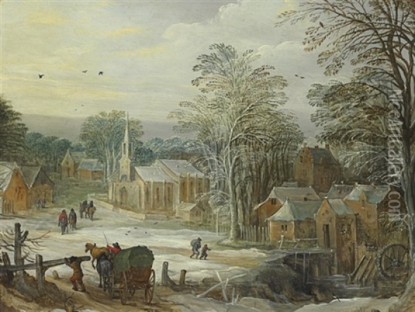 A Winter Landscape With Travellers Arriving At A Town (collab. W/ Jan Breughel Ii) Oil Painting - Joos de Momper the Elder