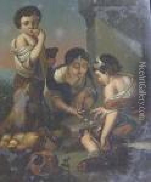 Boys Playing Dice By The Foot Of A Tree Oil Painting - Bartolome Esteban Murillo