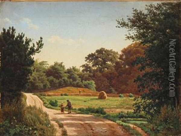 A Man And A Girl On A Road, Summer Time Oil Painting - Anders Christian Lunde