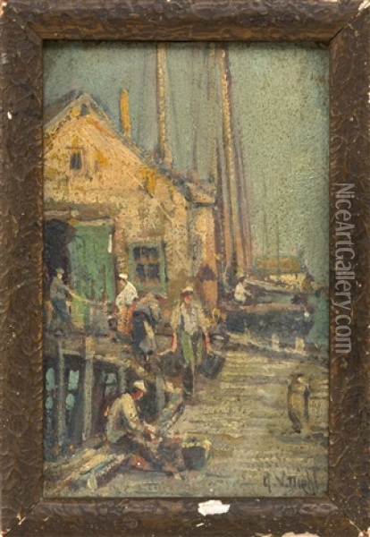 Figures On The Wharf, Provincetown, Massachusetts Oil Painting - Arthur Vidal Diehl