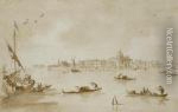 L'ile De La Giudecca Avec L'eglise Des Zitelle, Des Gondoles Aupremier Plan Oil Painting - Francesco Guardi