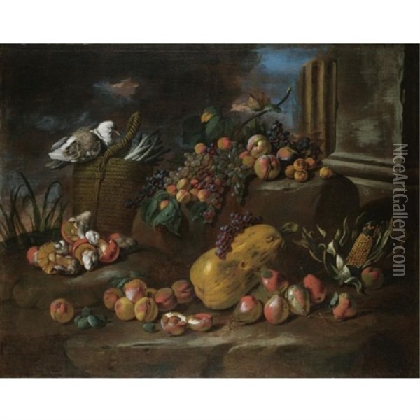 Still Life Of Peaches, Pears, Grapes, A Watermelon, Mushrooms, An Ear Of Corn And A Pigeon Resting On A Basket Of Asparagus, All Arranged In A Landscape Oil Painting - Angelo Maria Rossi
