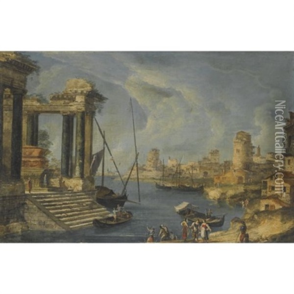 An Architectural Capriccio Of The Venetian Lagoon With Washerwomen In The Foreground Oil Painting - Michele Marieschi