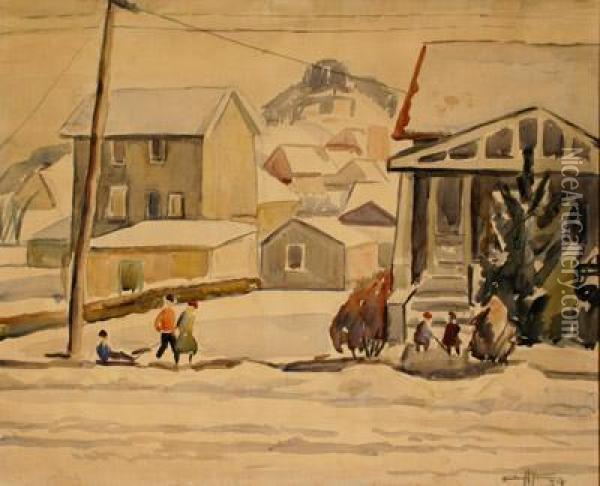 Children At Play Along A Snowy Street Oil Painting - Edgar Hewitt Nye