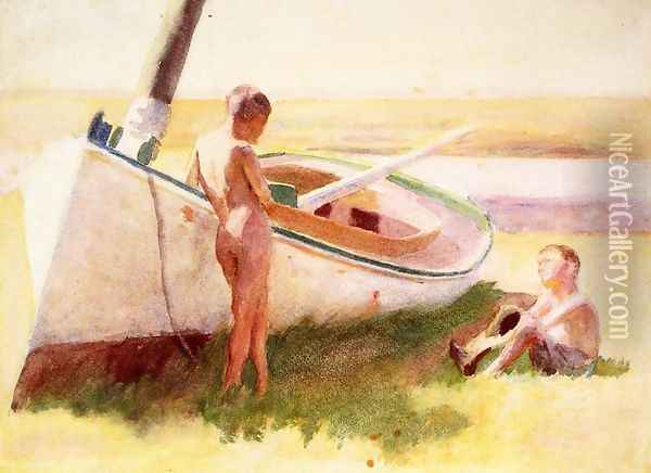 Two Boys by a Boat Oil Painting - Thomas Anshutz