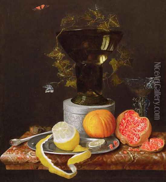 A Still Life with a Glass and Fruit on a Ledge Oil Painting - Wilhelm Ernst Wunder