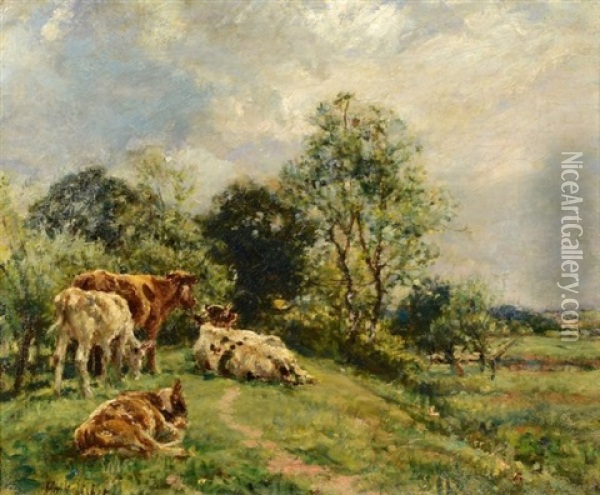 Landscape With Cows Oil Painting - Mark William Fisher