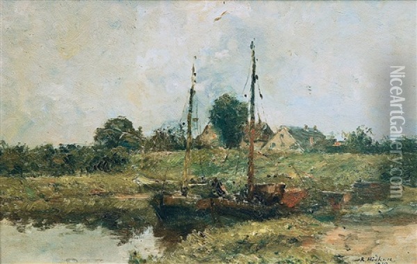 Fischerboote In Einem Kleinen Elbhafen Oil Painting - Rudolf Hoeckner