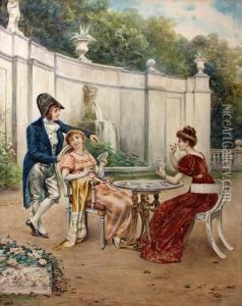 A Game Of Cards In The Garden Oil Painting - Casimiro Tomba Aldini