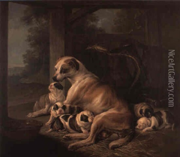 A Mastiff And Her Puppies In An Outhouse Oil Painting - Christophe Huet