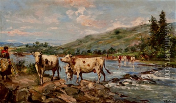Vacas Cruzando El Rio Oil Painting - Emilio Poy Dalmau