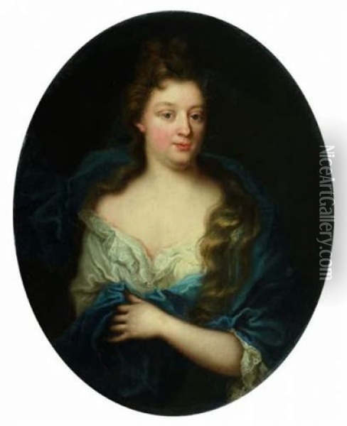 Portrait De Jeune Femme A La Draperie Bleue Oil Painting - Henri Gascars