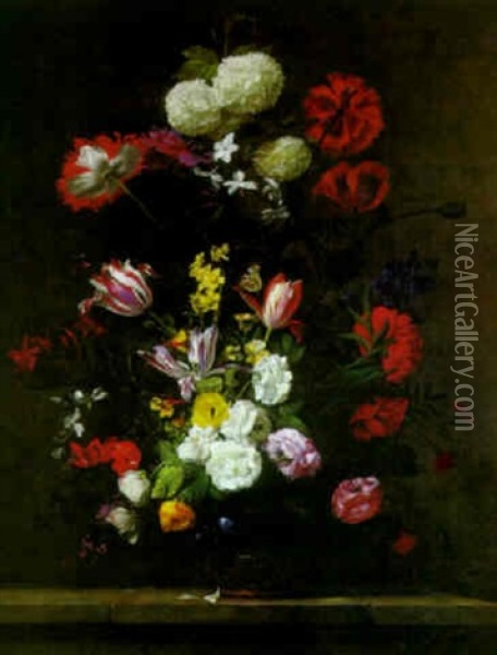 Tulips, Roses And Other Flowers In A Porcelain Vase On A Stone Ledge Oil Painting - Jean-Michel Picart