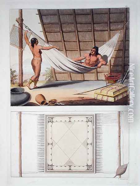 Domestic interior, Carib tribe, Dutch Antilles, plate 67 from Le Costume Ancien et Moderne by Jules Ferrario, published c.1820s-30s Oil Painting - Vittorio Raineri