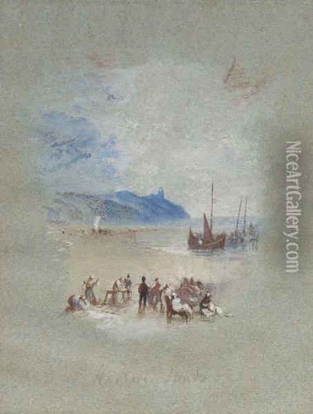 Hasborough Sands: Fisherfolk On 
The Sands In The Foreground, With Stranded Fishing Boats Beyond; The Sun
 Setting Behind A Promontory Oil Painting - Joseph Mallord William Turner