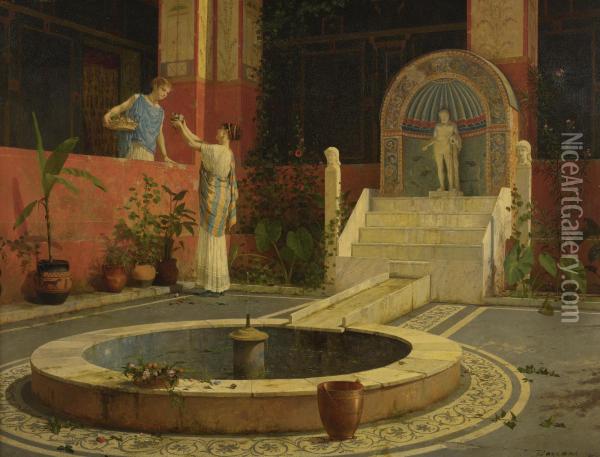 Picking Flowers From The Courtyard Oil Painting - Luigi Bazzani