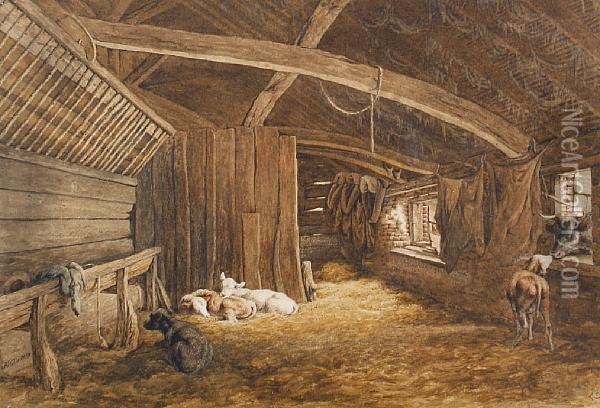 Cattle In A Stable Oil Painting - Robert Hills