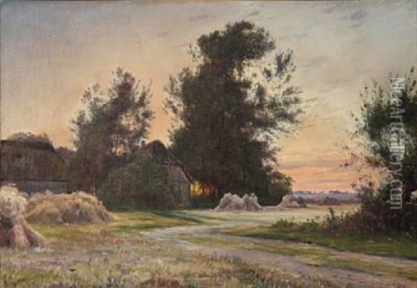 Evening Sun With A House In The Country Oil Painting - Johannes Boesen