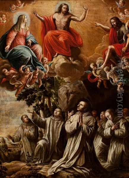 La Aparicion De Cristo, La Virgen Y San Juan Bautista A Los Cartujos Oil Painting - Pablo Felix Rabiella y Sanchez