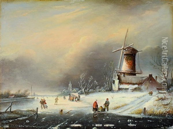 Winterlandschaft Mit Schlittschuhlaufern (+ Winterlandschaft Mit Schlittschuhlaufern; Pair) Oil Painting - Nicolaas Johannes Roosenboom
