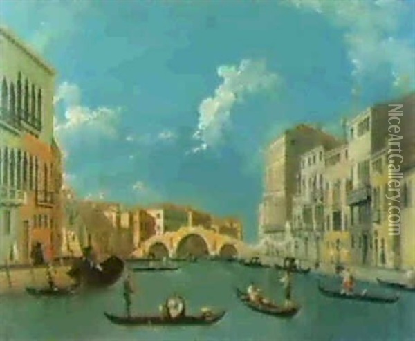 Veduta Del Canale De Cannareg-io Col Ponte Dei Tre Archi Oil Painting - Giuseppe Bernardino Bison