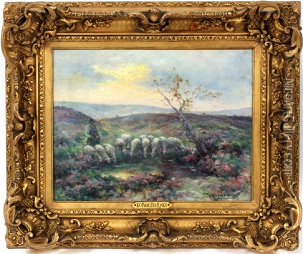 Landscape With Sheep And Shepherd Oil Painting - Michel Korochansky