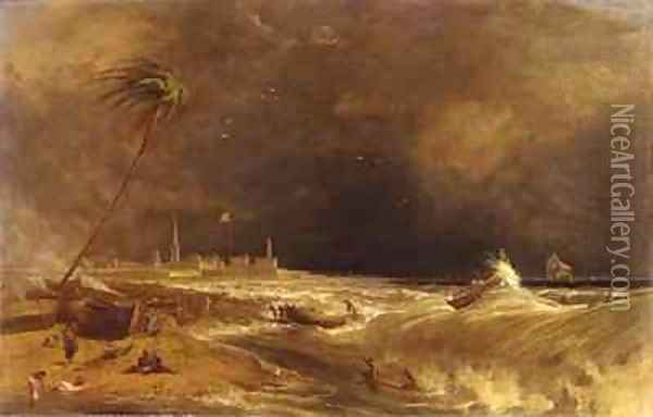 Madras or Fort St George in the Bay of Bengal A Squall Passing Off 2 Oil Painting - William Daniell RA