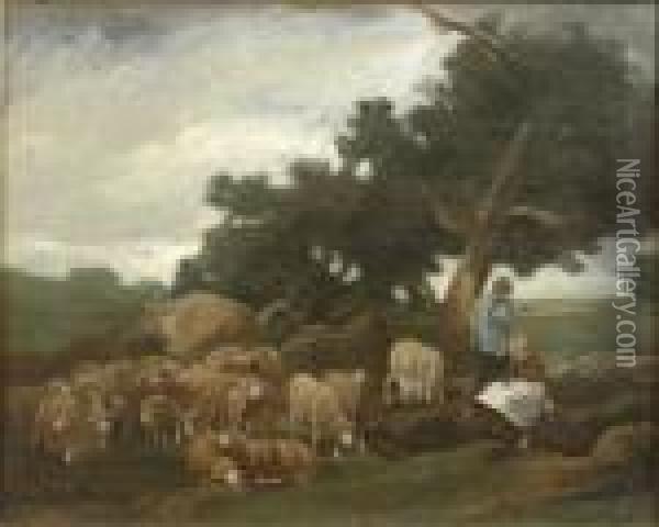 Shepherds Resting With Their Flock Beneath Trees Oil Painting - Charles Emile Jacque