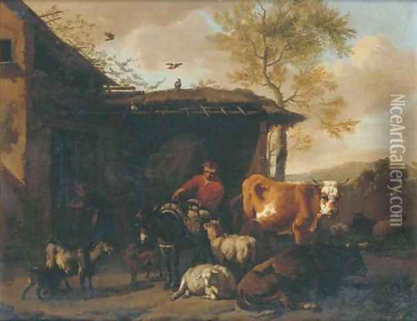 A rustic by a barn with his donkey and other animals Oil Painting - Dirk van Bergen