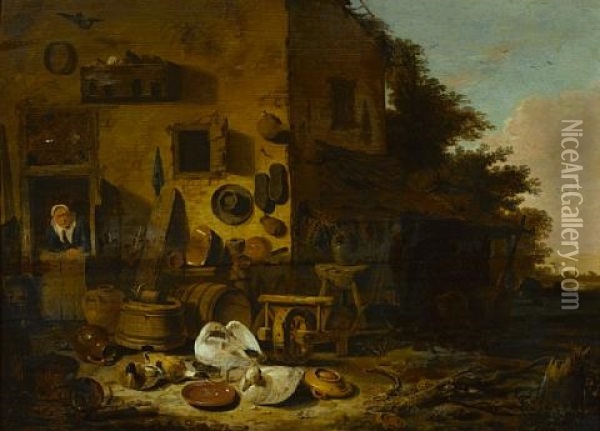 A Kitchen Maid At The Doorway Of A Farmhouse With Ducks And Geese In The Foreground Oil Painting - Egbert Lievensz van der Poel