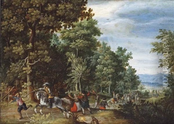 A Wooded Landscape With Travellers Being Ambushed On A Path At The Edge Of A Wood Oil Painting - Christoffel van den Berge