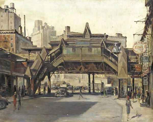 The El (View of Sixth Avenue and 8th Street) Oil Painting - Alfred S. Mira