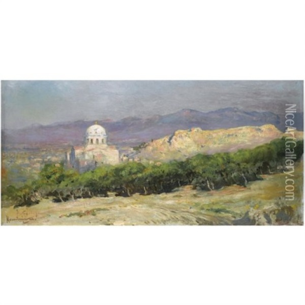 View Of The Church Of Saint Nikolas, Athens Oil Painting - Vikentios Bokatsiabi
