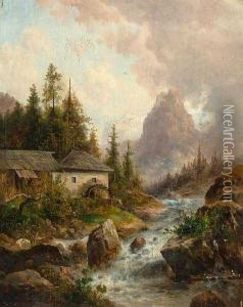 An Alpine Landscape With A Village Oil Painting - Emil Barbarini