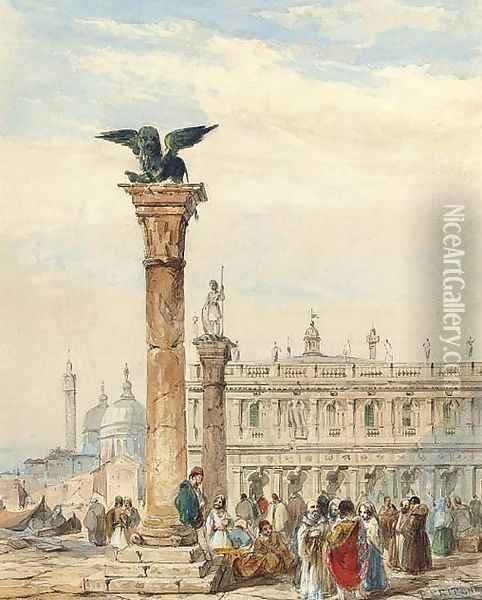 Figures congregating below the Lion Column, on the Piazzetta, Venice Oil Painting - Edward Pritchett
