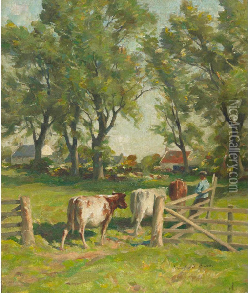 Wester Howgate (leading Cows To Pasture) Oil Painting - William Mason Brown