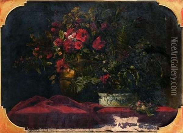 Nature Morte Aux Bouquets De Fleurs Sur Un Entablement Oil Painting - Paul Alfred Colin