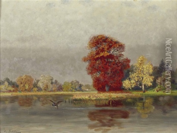 Herbstlandschaft Mit Weiher Und Auffliegender Ente Oil Painting - Eduard Gehbe