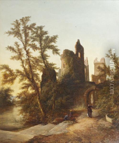 Castle Ruins On A Riverbank With Three Figures In The Foreground Oil Painting - Walter Williams