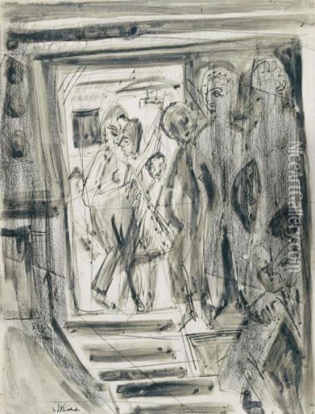 Interieur Mit Besuchern (treppenaufgang Im Wildboden-haus) Oil Painting - Ernst Ludwig Kirchner