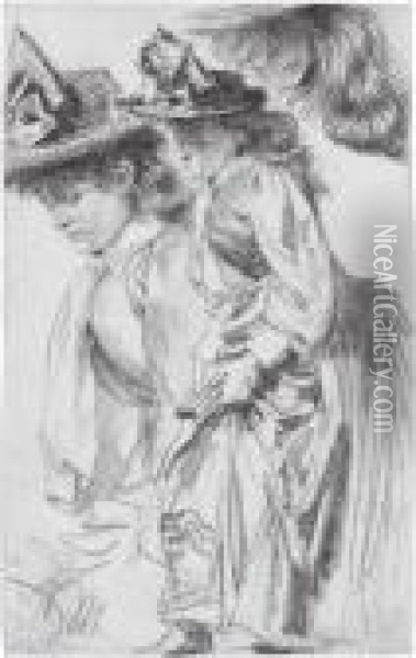 Two Studies Of A Lady Wearing A Straw Hat Oil Painting - Adolph von Menzel